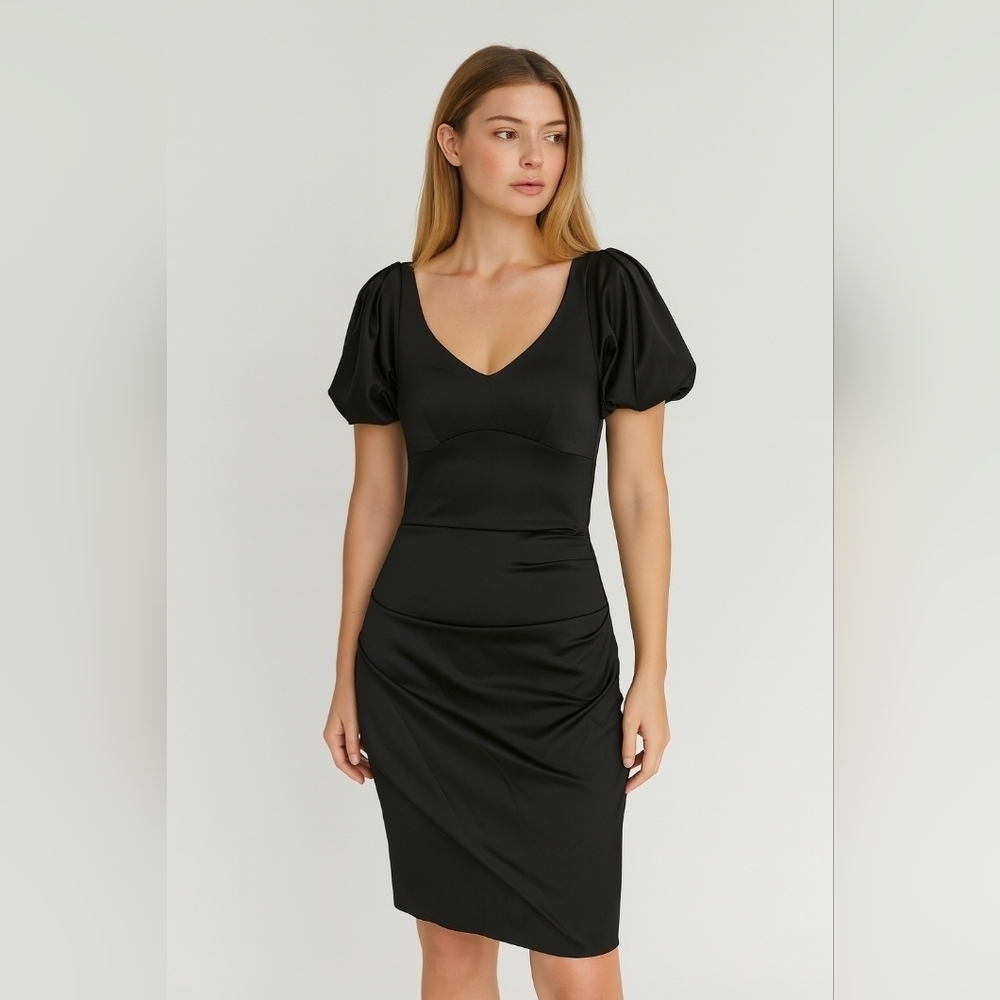 NWT Cache Black Satin Puff Sleeve Ruched Midi Dress Size 6